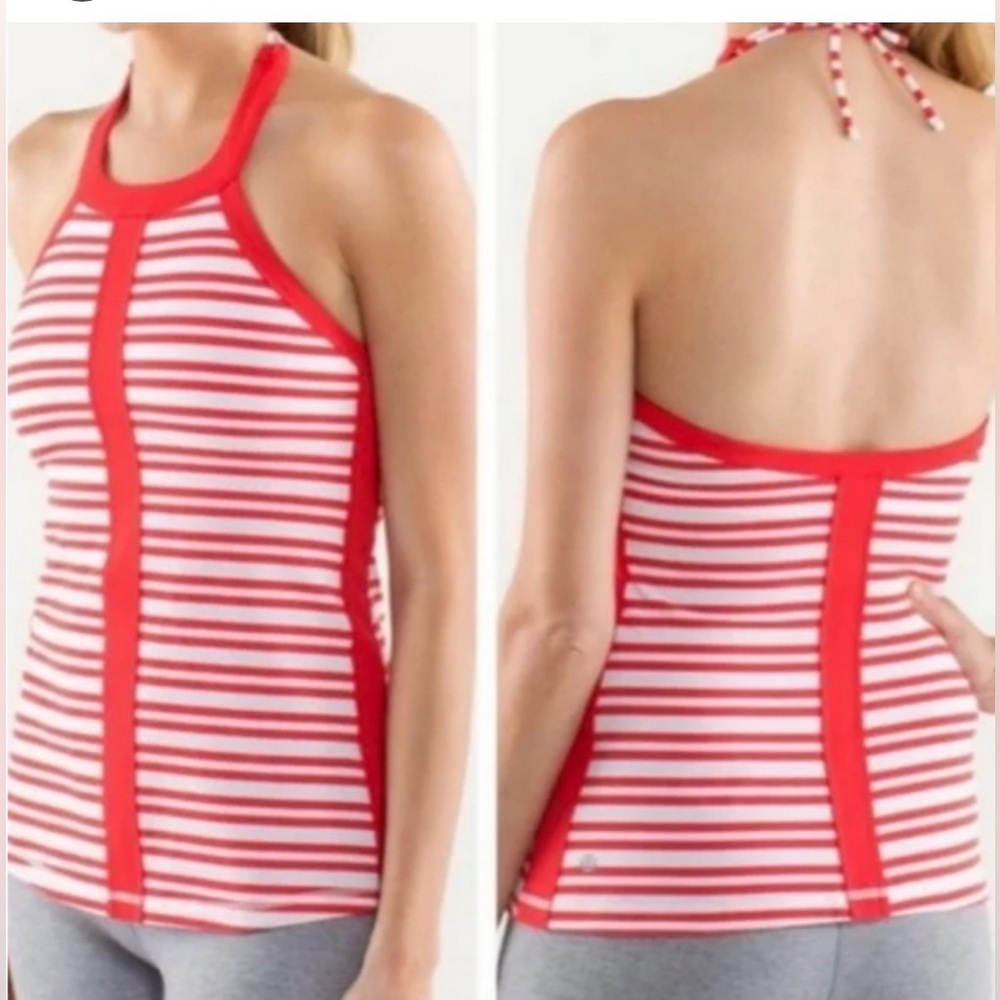Lululemon Hip To Be Zen Halter tank top in Twin Stripe Love Red / Love Red.